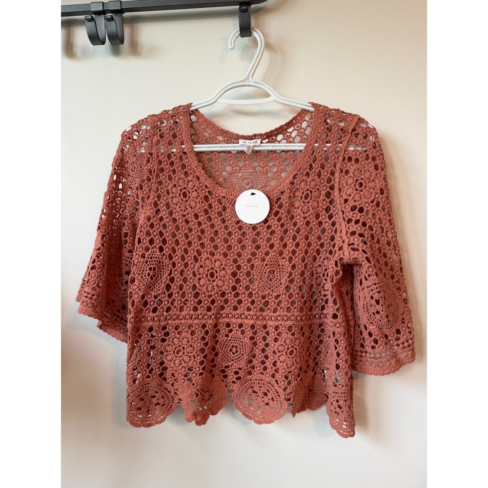 En Creme Crochet Knit Top Terracotta Rust Boho Scalloped Hem One Size NWT